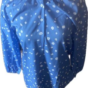 Blue Polka Dot Button-Front Blouse with Puff Sleeves